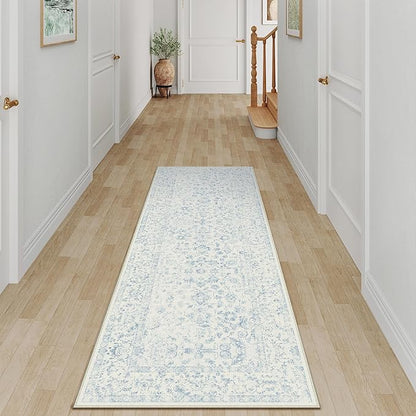 2x6 Blue Runner Rug Hallway Non Slip Kitchen Vintage Distressed Long Carpet Indoor Machine Washable Retro Floral Bedroom Accent Throw Rug for Office Laundry Bathroom Dining Living Room