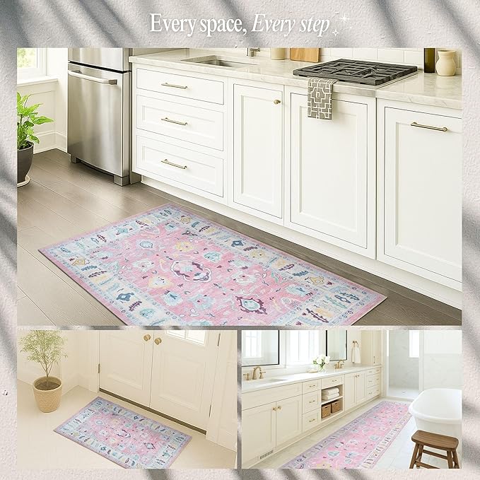 Fame Rugs Pink Modern Oushak Rug 9x12, Vintage Turkish Colorful Oriental Washable Antique Inspired Oversize Area Rugs, Luxury Living Room Bedroom (385PB, 9' x 12)