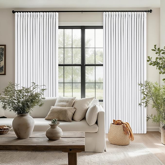 Snow White Pleated Linen Blackout Curtains 84 Inches Long for Bedroom Living Room Pinch Pleat Black Out Thermal Insulated Ring Hooks Back Tab Room Darkening Elegant Drapes Window Curtains with Liner