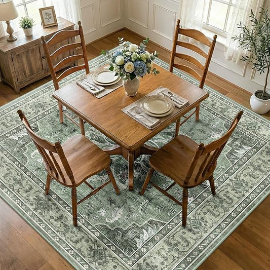 Area Rugs Square 7ft Washable Non-Slip, Floral Vintage Distress Print Pattern Medallion Carpet for Living Room Bedroom Dining Room, Dark Green Gray
