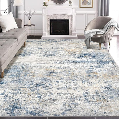 Area Rug Living Room Rugs - 5x7 Abstract Large Soft Indoor Washable Rug Neutral Modern Low Pile Carpet for Bedroom Dining Room Farmhouse Home Office - Blue