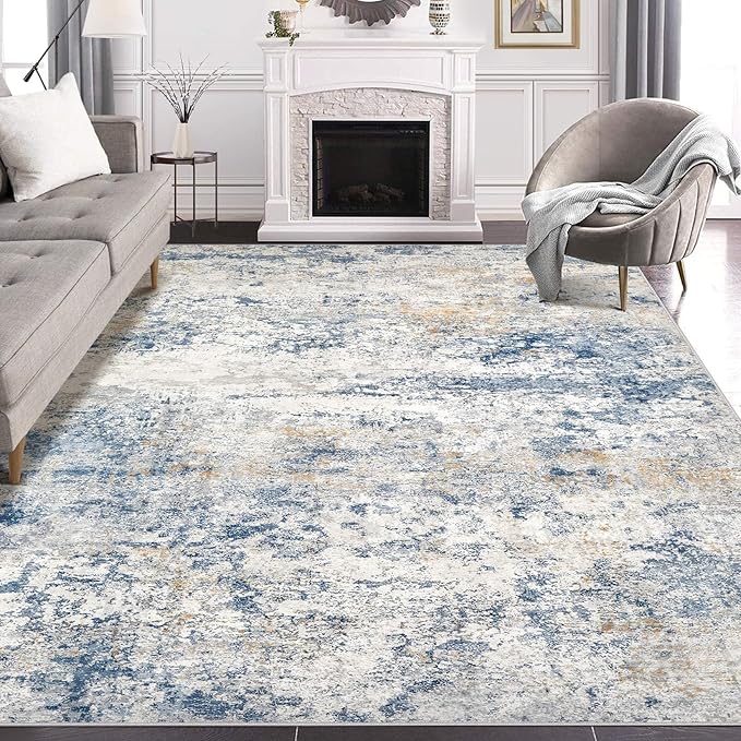 Area Rug Living Room Rugs - 5x8 Abstract Large Soft Indoor Washable Rug Neutral Modern Low Pile Carpet for Bedroom Dining Room Farmhouse Home Office - Blue