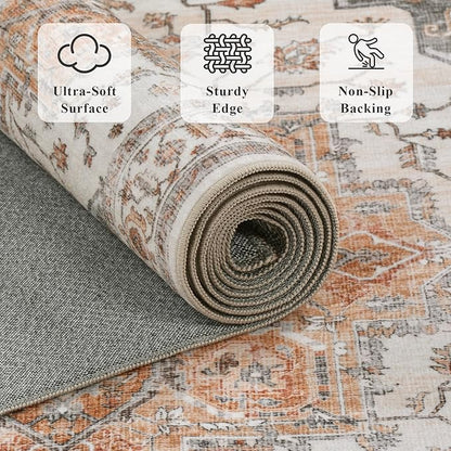 5x7 Area Rugs for Living Room Ultra-Soft Washable Rug Vintage Distressed Boho Area Rug, Non-Slip Retro Print Low Pile Stain Resistant Carpet for Bedroom Dining Room Kitchen Office