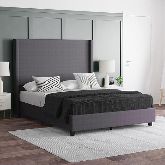 EMMA + OLIVER Nora Queen Size Faux Linen Upholstered Platform Bed with Plush Padded Wingback Headboard (No Box Spring Needed), Modern Upholstered Headboard Queen Bed Frame, Gray