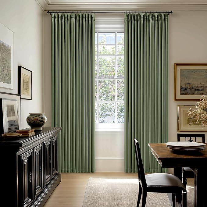 80 Inch Olive Green Linen Blackout Curtains for Living Room 100% Black Out Pinch Pleat Hooks for Living Room Back Tab Thick Linen Textured Pleated Drapes Light Blocking Loden Bedroom Window Curtains