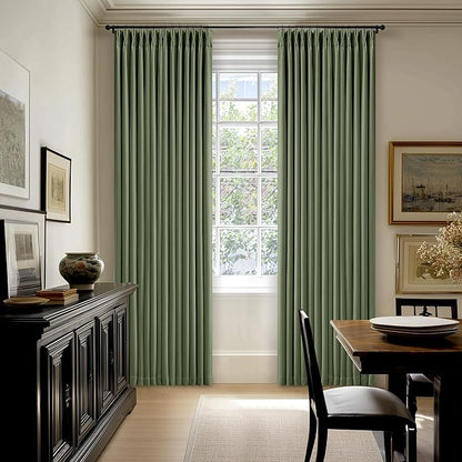 86 Inch Olive Green Pleated Blackout Curtains 2 Panels Set for Bedroom Living Room Darkening 100% Black Out Memory Trained Farmhouse Rustic Farmhouse Pinch Pleat Linen Window Curtains 86 Inch Length