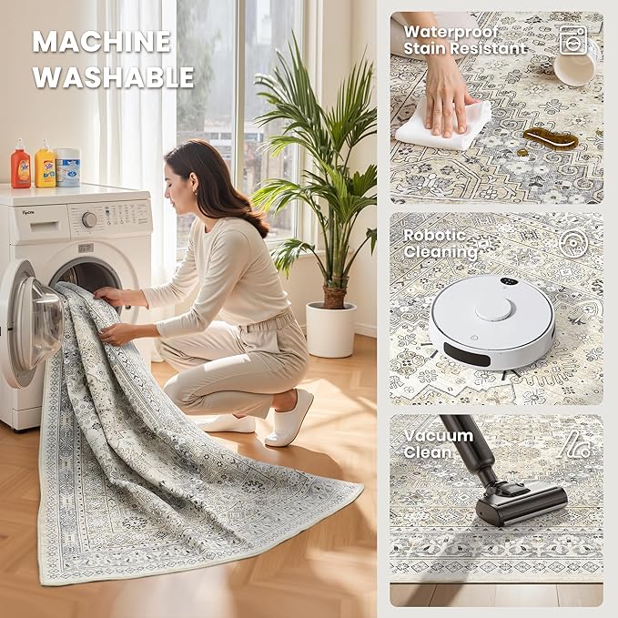 zesthome Washable Round Area Rugs - Non-Slip 6ft Round Rugs, Ultra-Thin Large Circle Rugs for Living Room, Soft Low Pile Rug for Bedroom, Kitchen, Nursery - Vintage Stain Resistant Round Rug