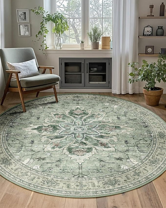 Area Rugs 7ft Washable Non-Slip, Floral Vintage Distress Print Pattern Medallion Carpet for Living Room Bedroom Dining Room, Dark Green Gray
