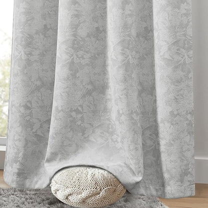 Beauoop Grey Floral Jacquard Blackout Curtains 63 Inches Long 2 Panels for Bedroom Living Room Gray Flower Chenille Room Darkening Thermal Insulated Soundproof Grommet Window Treatments Drapes, 52x63