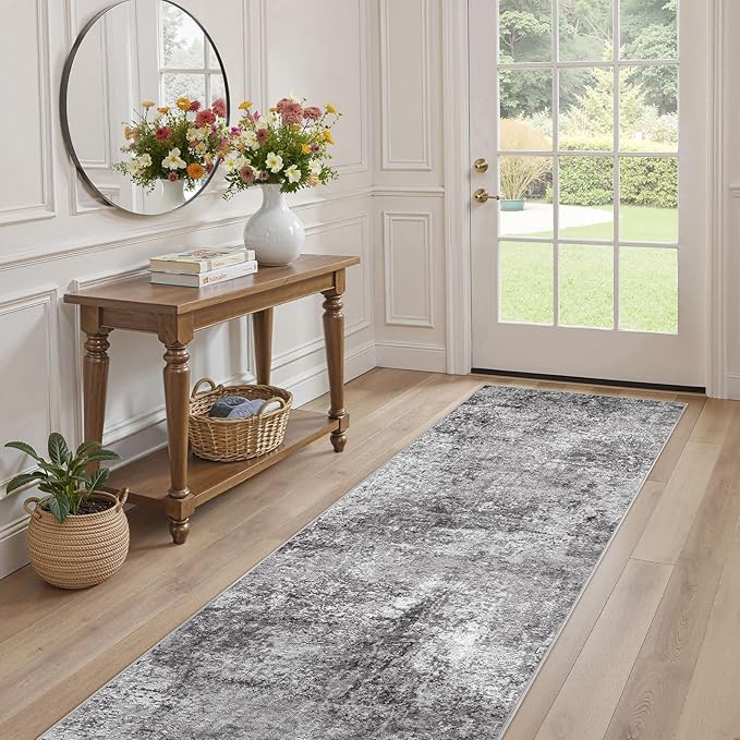 Washable Runner Rug for Hallway: 2.6x12 Neutral Modern Abstract Low Pile Area Rug with Non-Slip Backing - Carpet for Bedroom Kitchen Laundry Entryway Bathroom Indoor - Grey