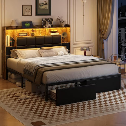 LED Bed Frame Full Size with Bookshelf PU Leather Headboard, 2 Hidden Storage Drawers, Upholstered Platform Bed with Charging Station, Metal Slats Support, Noise Free, No Box Spring Needed