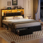 LED Bed Frame Full Size with Bookshelf PU Leather Headboard, 2 Hidden Storage Drawers, Upholstered Platform Bed with Charging Station, Metal Slats Support, Noise Free, No Box Spring Needed