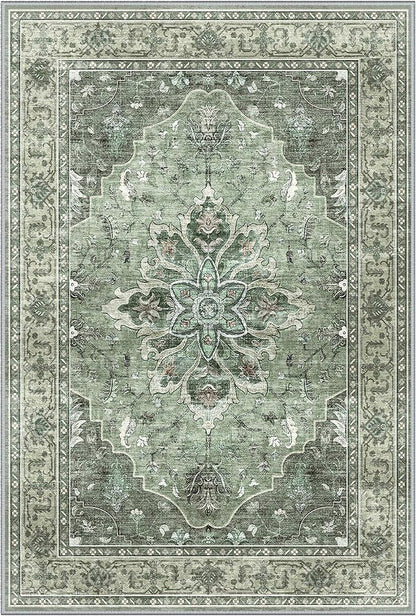 Area Rugs 2'x7' Washable Non-Slip, Floral Vintage Distress Print Pattern Medallion Carpet for Living Room Bedroom Dining Room, Dark Green Gray