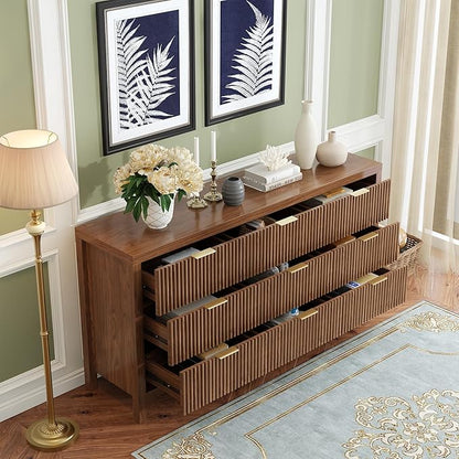 Modern 9 Drawer Dresser, Mid-Century Storage Chest with Solid Wood Legs, Large Organizer Cabinet & TV Stand for Bedroom, Living Room, or Hallway, Walnut Oak