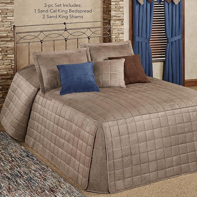 Touch of Class Camden Luxury Bedding | Neutral Sand Color | Grande Fitted Bedspread | Faux Suede Box Quilted Design | Designed 3 Piece Set Includes Cal King Bedspread and 2 King Shams