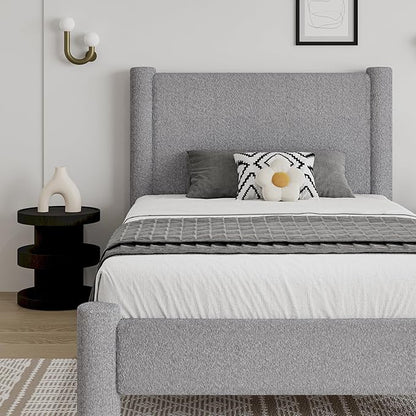 Twin Size Bed Frame, Boucle Upholstered Platform Bed with Headboard and Footboard, Soft Rounded Corners, No Box Spring Required, Easy Assembly, Light Grey