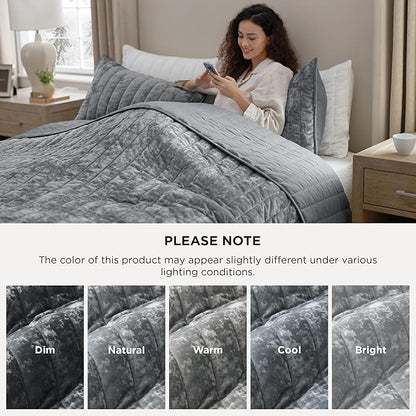 Bedsure Velvet Quilt Queen Size Set - Lightweight Velvet Comforter Queen, Luxury Bedspread Coverlet, Ultra-Soft Winter Bedding Set with 2 Pillow Shams, 90"x96", Sliver Gray