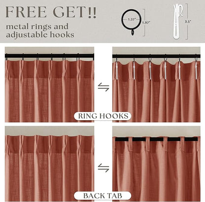 FireBrick Pleated Linen Curtains 96 Inches Long for Living Room 2 Panel Set Semi Sheer Light Filtering Pinch Pleat with Rings Hooks Drapes Farmhouse Rustic Terracotta Red Clay Curtain Bedroom Window