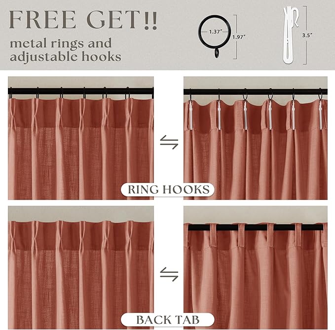 Terracotta 90 Inch Linen Curtains Pinch Pleated for Living Room Bedroom Dining Boho Light Filtering Pinch Pleat Drapes Hooks Rings Back Tab Semi Sheer Red Clay Autumn Fall Window Curtains 2 Panels