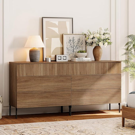 WAMPAT 63" W Fluted Dresser for Bedroom, 2 in 1 Modern 6 Drawer Dresser TV Stand with Hidden Handles, Wooden Chest of Drawers Closet Clothes Storage Organizer for Bedroom, Living Room, Light Walnut