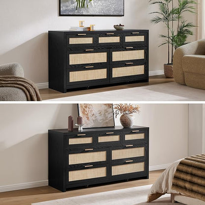 SICOTAS 7 Drawer Dressers for Bedroom Set 2, Long Rattan Dresser, Dresser TV Stand, Closet Organizer Chest of Drawers, Clothes Storage Dressers (Black Oak, 7 Drawers (2 pcs))