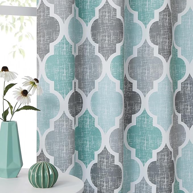 Beauoop 100% Blackout Curtains 108 Inches Long 2 Panels for Bedroom Living Room Aqua Grey Moroccan Geo Room Darkening Thermal Insulated Soundproof Grommet Top Window Treatments Drapes, 50x108 Set of 2