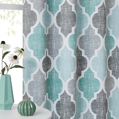 Beauoop 100% Blackout Curtains 90 Inches Long 2 Panels for Bedroom Living Room Aqua Grey Moroccan Geo Room Darkening Thermal Insulated Soundproof Grommet Top Window Treatments Drapes, 50x90 Set of 2