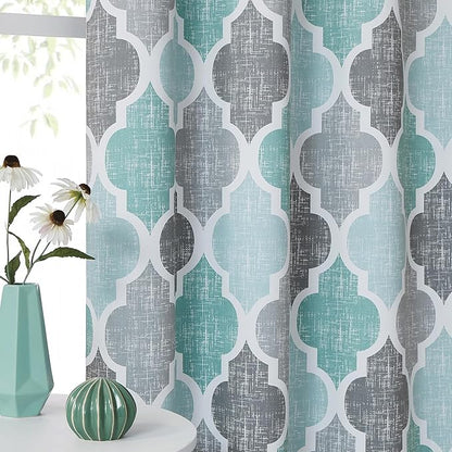 Beauoop 100% Blackout Curtains 96 Inches Long 2 Panels for Bedroom Living Room Aqua Grey Moroccan Geo Room Darkening Thermal Insulated Soundproof Rod Pocket Back Tab Window Treatments Drapes, 50x96