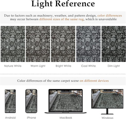 Dark Black Area Rug 8x10 Machine Washable Large Vintage Living Room Distressed Non Slip Carpet Traditional Indoor Bedroom Retro Floral Accent Throw Rug for Office Kitchen Dining Room