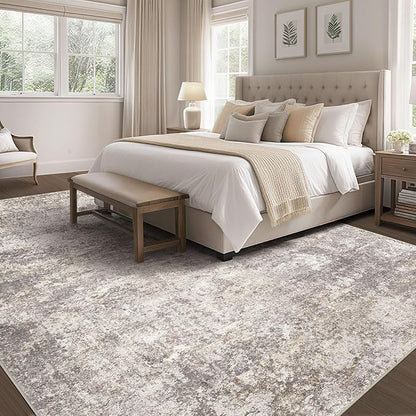 Area Rug Living Room Rugs - 10x12 Washable Large Soft Indoor Neutral Modern Abstract Low Pile Rug Carpet for Bedroom Dining Room Farmhouse Home Office - Brown