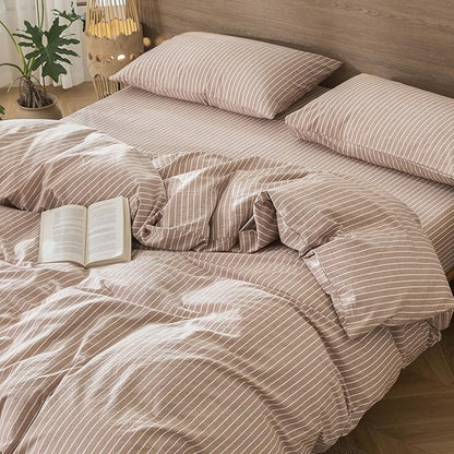 MooMee Striped Duvet Cover Set 100% Washed Cotton Linen Like Textured Breathable Durable Soft Comfy (Orange White Wide Stripes, Super Queen 90"x98")