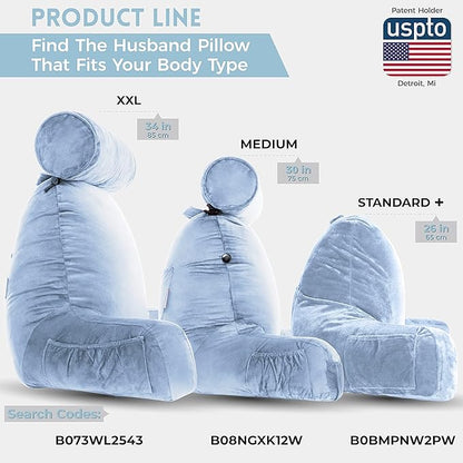 Husband Pillow Medium Sky Blue, Backrest for Kids, Teens, Petite Adults - Reading Pillows with Arms, Adjustable Loft, Plush Memory Foam, Bed Rest Chair Sitting Up, Detach Neck Roll, Removable Cover