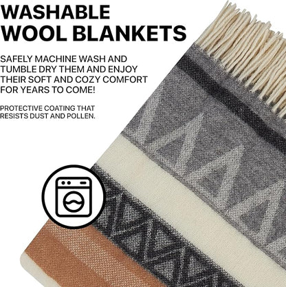 | Wool Blanket/Throw | 100% New Zealand Wool | Perfect for Home and Outdoors | Virgin Wool Throw with Fringes 67"x79" (170 x 200 cm)