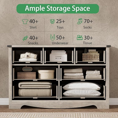 Dresser for Bedroom with 7 Drawers, 48" Wide Modern Chest of Drawers with Deep Drawers & Mental Handle, Wood Dresser TV Stand, Wooden Closet Storage Organizer for Living Room, Hallway, Entryway, Grey