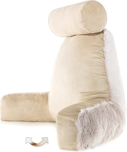 Husband Pillow XXL Baby Golden Wolf Fabulous Faux Fur Backrest, Two-Tone Reversible Double Sided Reading & Bed Rest Pillow with Arms & Neck Roll, Adjustable Memory Foam - Sit Up Extremely Comfy