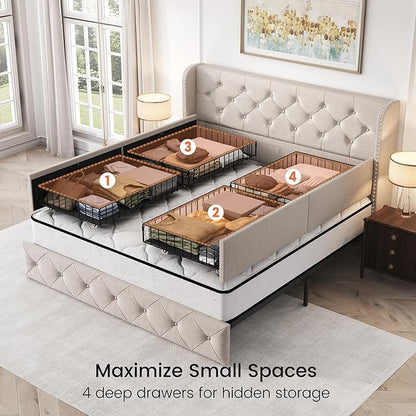 LARMACE Queen Size Bed Frame with 4 Storage Drawers and Tufted Headboard Linen Upholstered Platform Bed Frame Wingback Beds with Wooden Slats Support, Easy Assembly, Beige