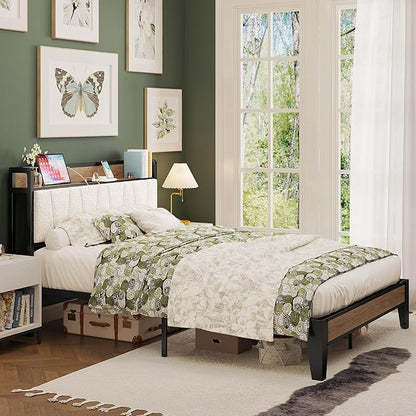 LIKIMIO Full Bed Frames, Storage Headboard with Charging Station, Solid and Stable, Noise Free, No Box Spring Needed, Easy Assembly, Wood and Cream
