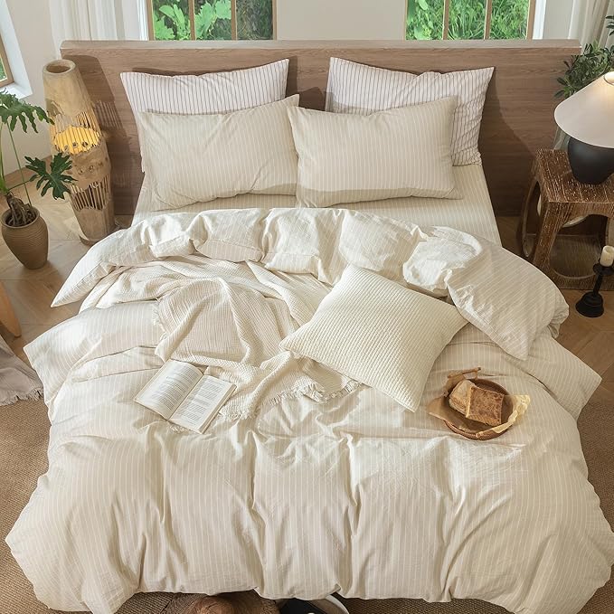 MooMee Striped Duvet Cover Set 100% Washed Cotton Linen Like Textured Breathable Durable Soft Comfy (Almond Milk Grey White Wide Stripes, Alaska King 132"x120")