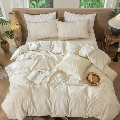 MooMee Striped Duvet Cover Set 100% Washed Cotton Linen Like Textured Breathable Durable Soft Comfy (Almond Milk Grey White Wide Stripes, Cal King 104"x98")