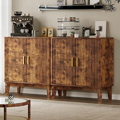 Storage Cabinet with Doors and Adjustable Shelf, Modern Fluted Sideboard Buffet Cabinet, Freestanding Coffee Bar for Kitchen, Pantry, Entryway, Living Room (Rustic Brown)