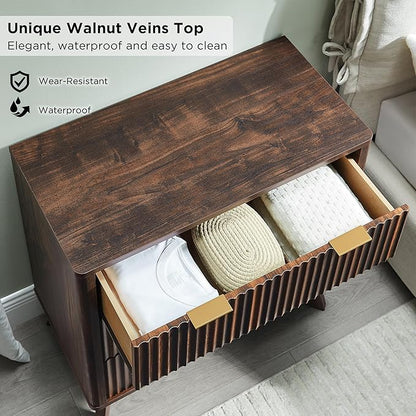T4TREAM Fluted 3 Drawers Nightstand, Oversized Extra Large Modern Side Table, End Table Bedside for Bedroom, Living Room, Curved Profile Design, Dark Walnut