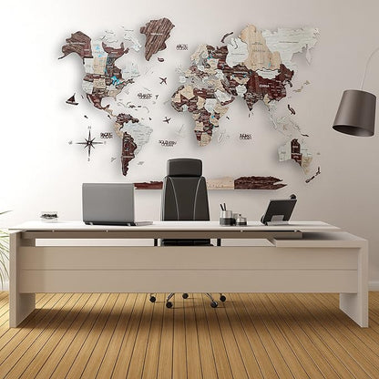 Handmade 3D Wood World Map Wall Art Large Wall Decor Track Your World Travels - Special for Home, Kitchen and Office (X-Large, Cappuccino)