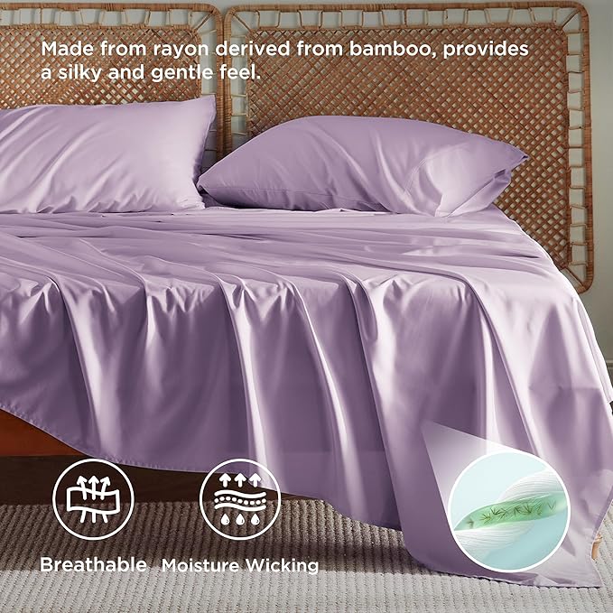 Bedsure California King Sheet Sets, Cooling Sheets for Hot Sleepers, Rayon Derived from Bamboo, Breathable & Soft, Deep Pocket Up to 16 Inches, Hotel Luxury Silky Bedding, Lilac