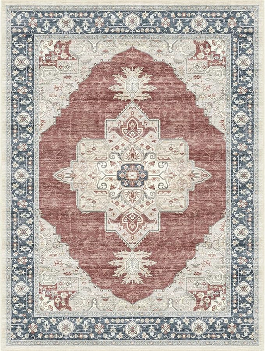 9X12 Washable Vintage Area Rug Boho Chic Medallion Distressed Design Non-Shedding Easy Care Ideal for High Traffic Areas in Living Room Bedroom Office Large Carpet (Brick/Beige, 9x12)