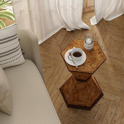 COZAYH Farmhouse Hexagonal Accent Table, Rustic Hourglass Design Side Table with Sculptural Geometric Base for Living Room or Bedroom, Natural Wood-Tone Finish, Brown