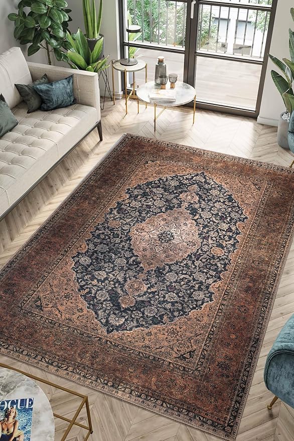Keen Home Design 8x10 Rug - Machine Washable Area Rug with Non-Slip Backing, Ideal for Living Room, Dining Room, Bedroom - Vintage, Easy Clean, Durable, Low Pile Rug - (8' x 10')