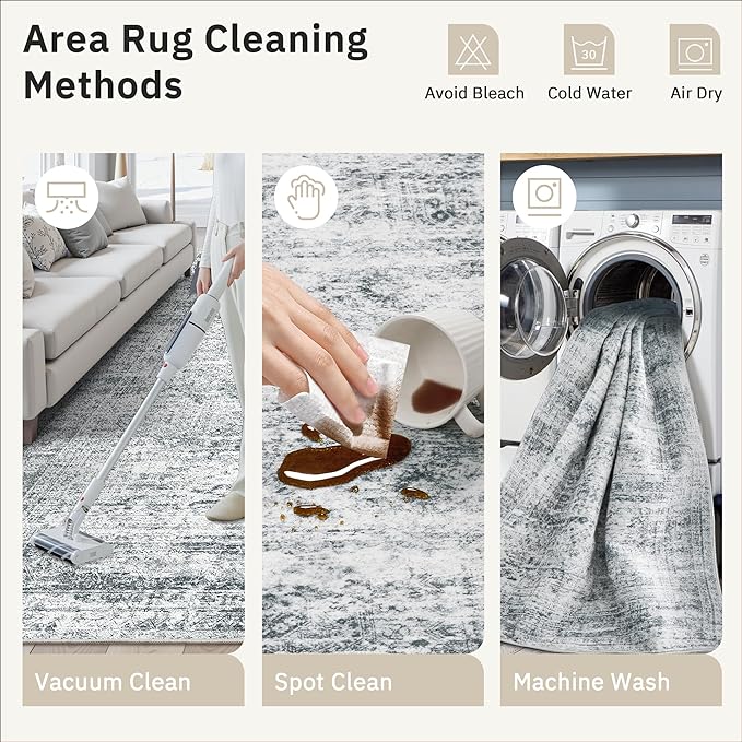5x7 Area Rugs Gray Low Pile Indoor Washable Trendy Faded Style Rugs for Bedroom Living Room Dining Room Foldable Non-Slip Thin Grey Print Mat