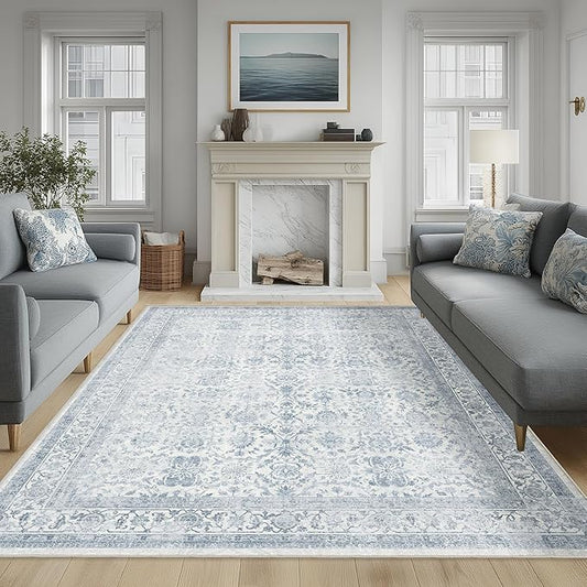 FMFUNCTEX 6x9 Washable Area Rug Blue Vintage Neutral Distressed Large Non Slip Carpet for Living Room Bedroom Soft Low Pile Indoor Mat Retro Floral Throw Rug for Dining Room Kitchen Office Nursery