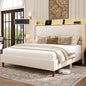 LARMACE Queen Size Bed Frame with LED Lights and Charging Station Linen Upholstered Platform Bed Frame with 51.2" Tall Headboard Wingback and Storage Shelf, No Box Spring Needed, Noise Free, Beige