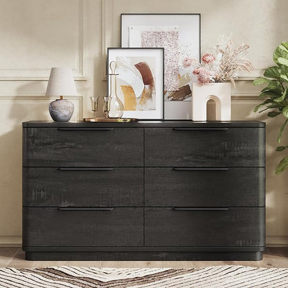 6 Drawer Dresser for Bedroom, 54" Wide Modern Chest of Drawers with Metal Handle, Curved Profile Design, Wooden Black Dresser Closet Clothes Storage TV Stand for Living Room, Hallway